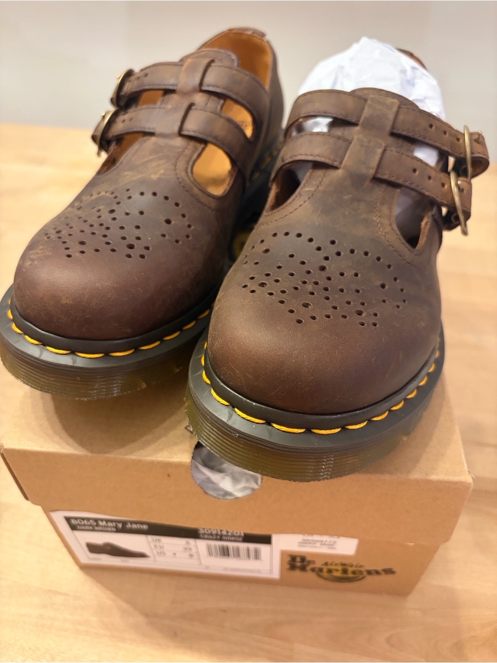 Dr. Martens Brown Double-Strap Mary Jane Flats with Yellow Stitching